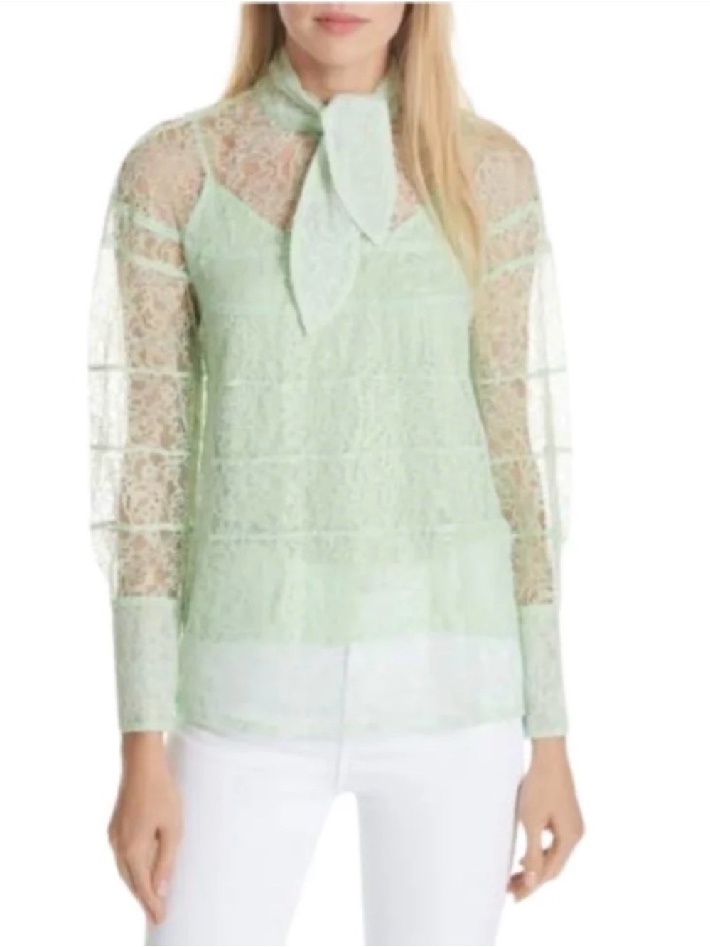 Sandro Sheer Lace Tie-Neck Blouse - Mint